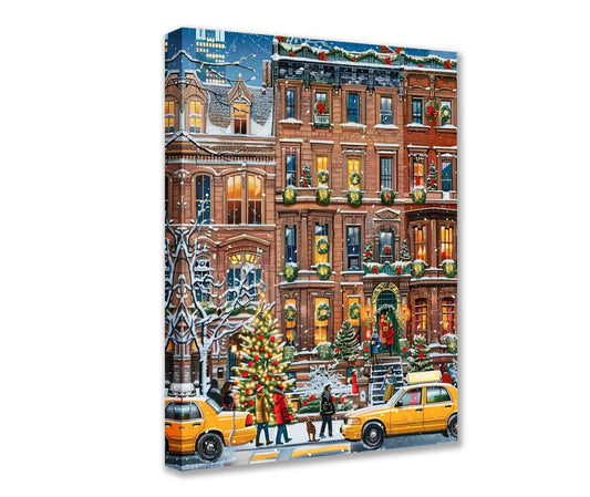 Festive City Street Scene Christmas Canvas Wall Art