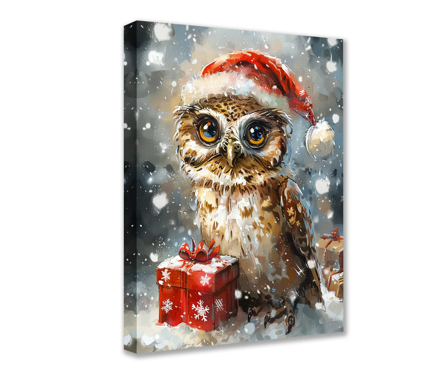 Santa Owl with Gift in Snowy Christmas Canvas Wall Art