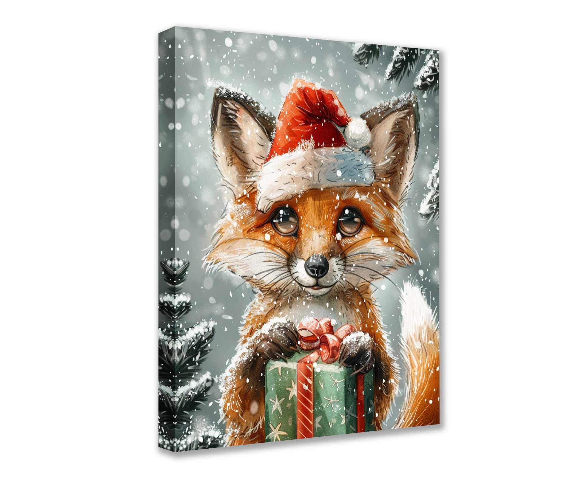 Santa Fox with Christmas Gift Canvas Wall Art