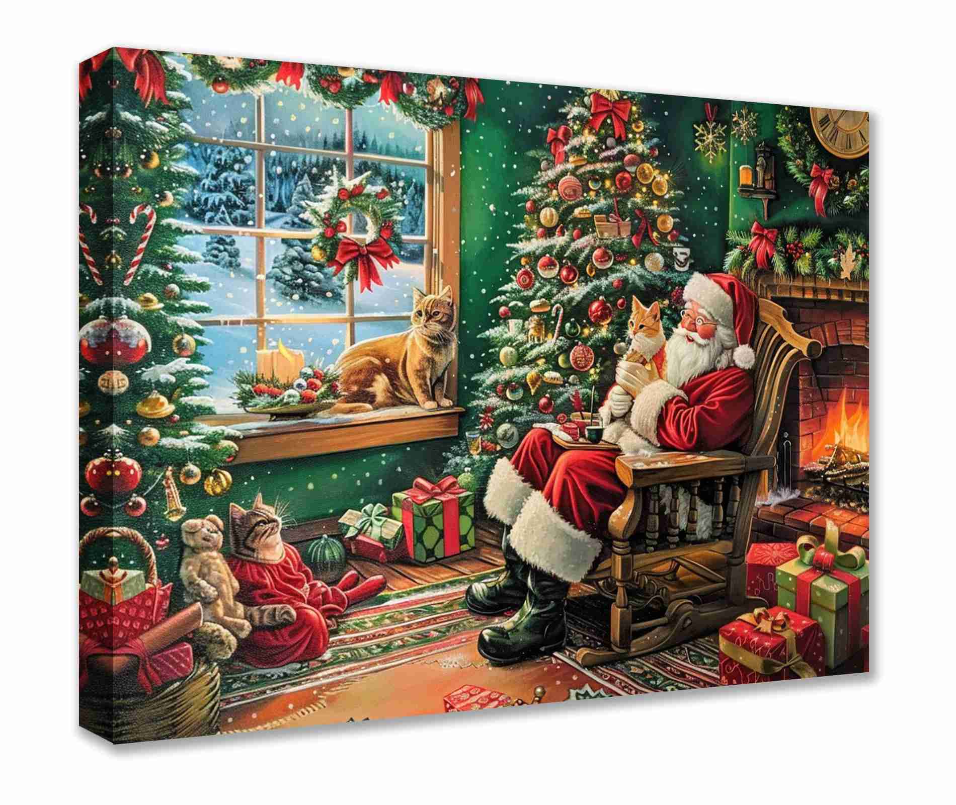 Santa with Cats by the Fireplace Canvas Wall Art