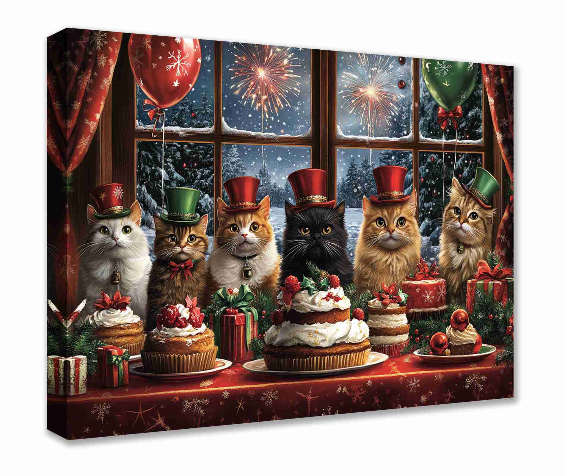 Festive Cats in Top Hats Christmas Canvas Wall Art