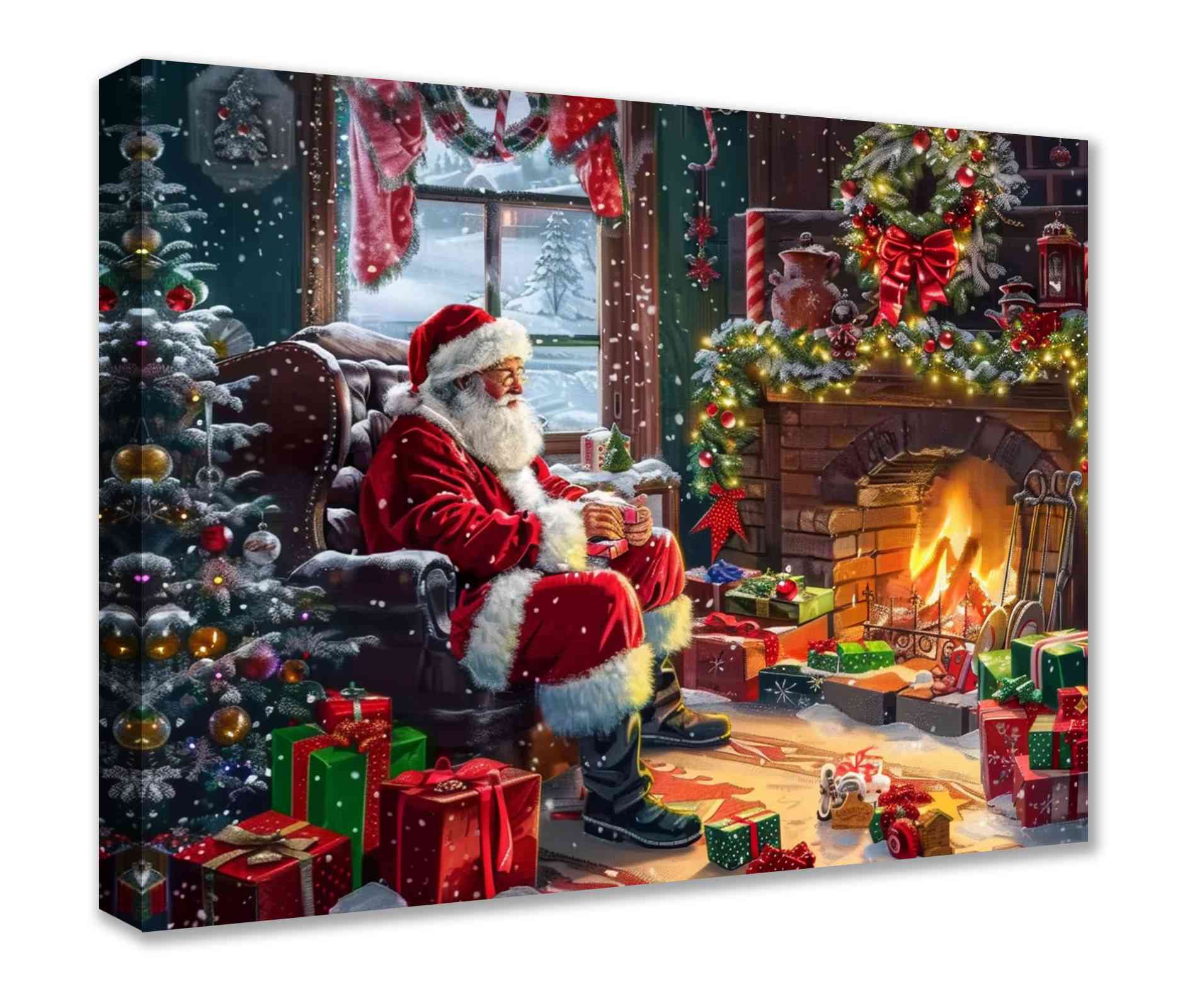 Santa by the Fireplace Christmas Canvas Wall Art