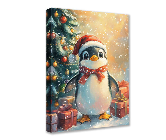 Christmas Penguin with Santa Hat Canvas Wall Art