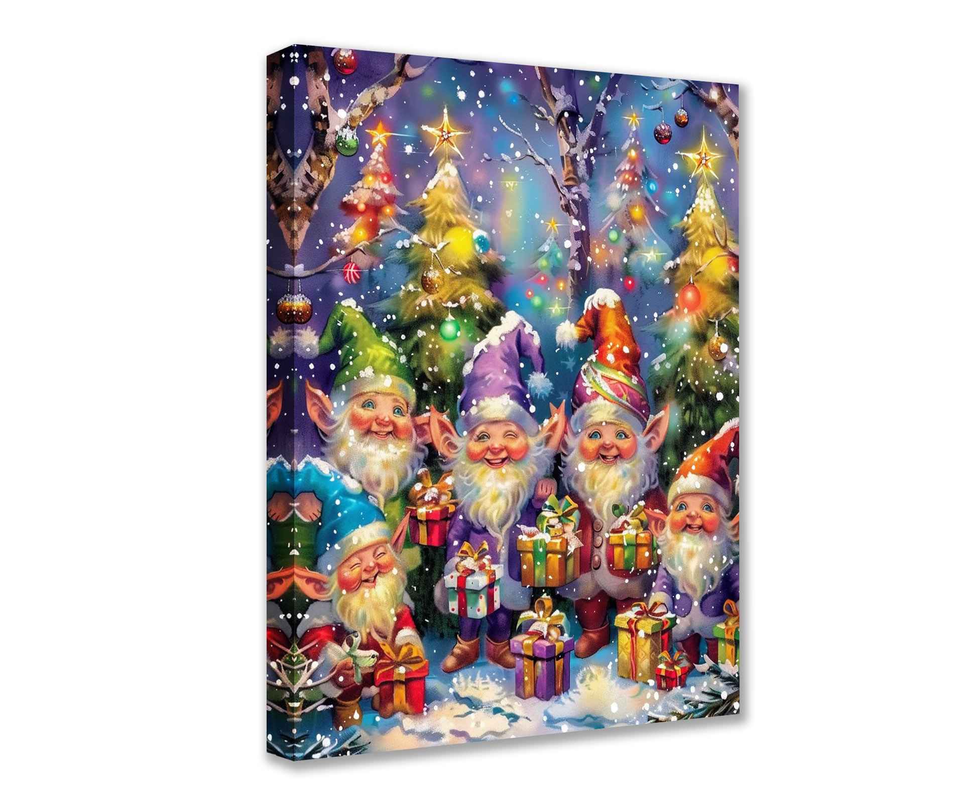 Cheerful Christmas Elves with Gifts Canvas Wall Art