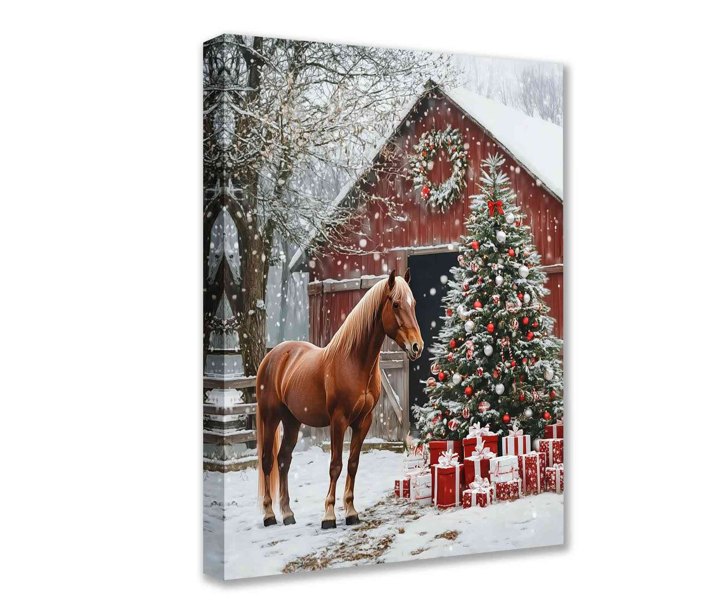 Horse and Christmas Barn Scene Canvas Wall Art