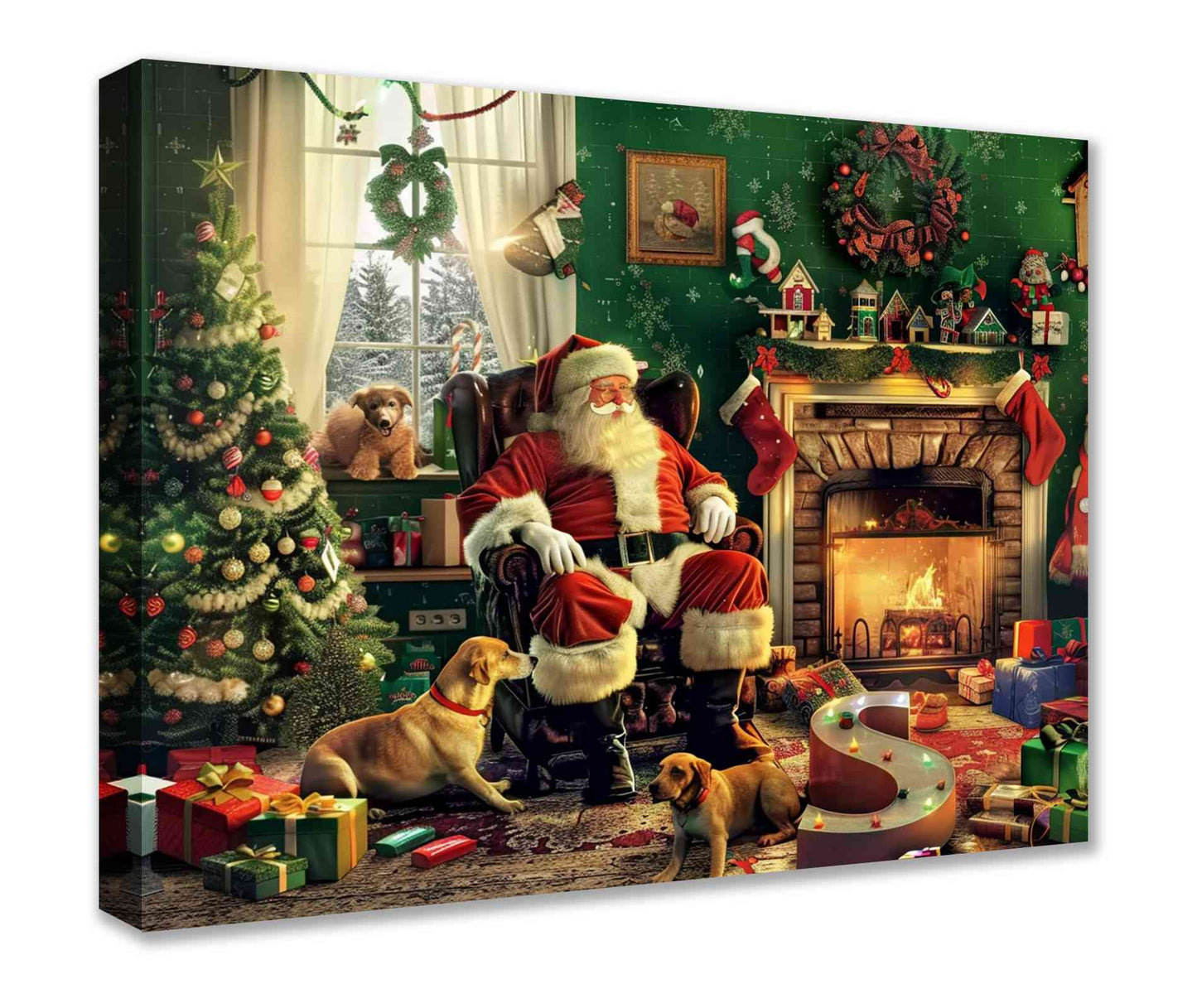 Santa with Dogs by the Fireplace Canvas Wall Art