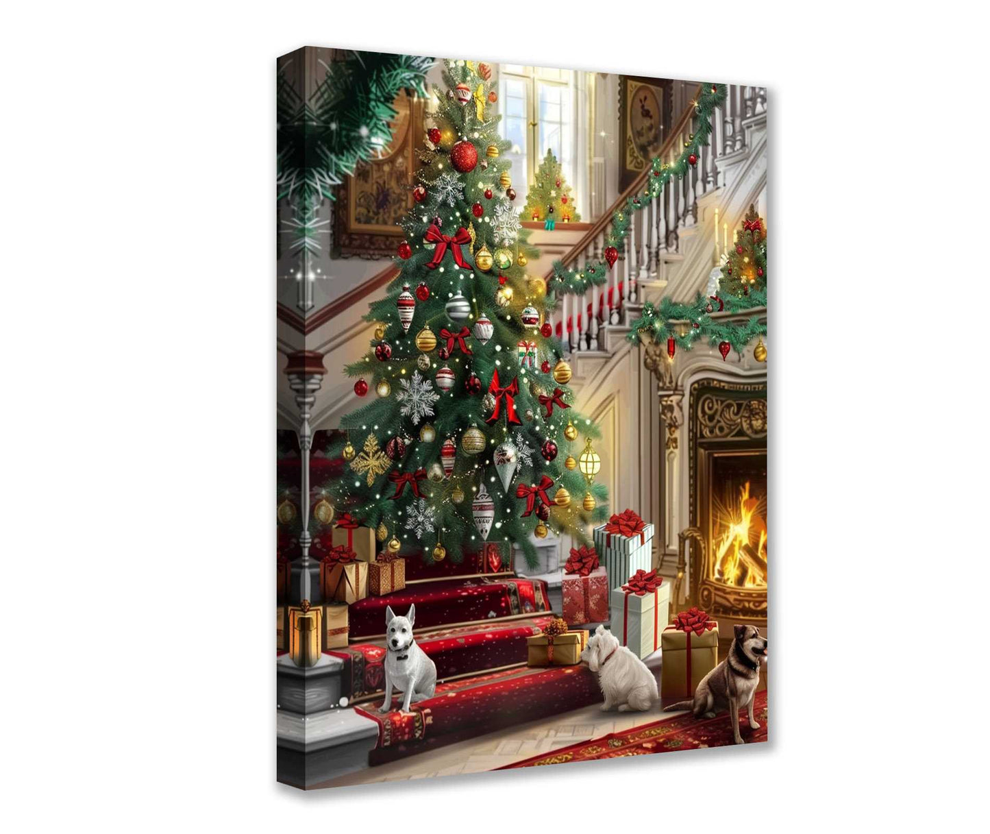 Christmas Tree and Dogs by Fireplace Canvas Wall Art