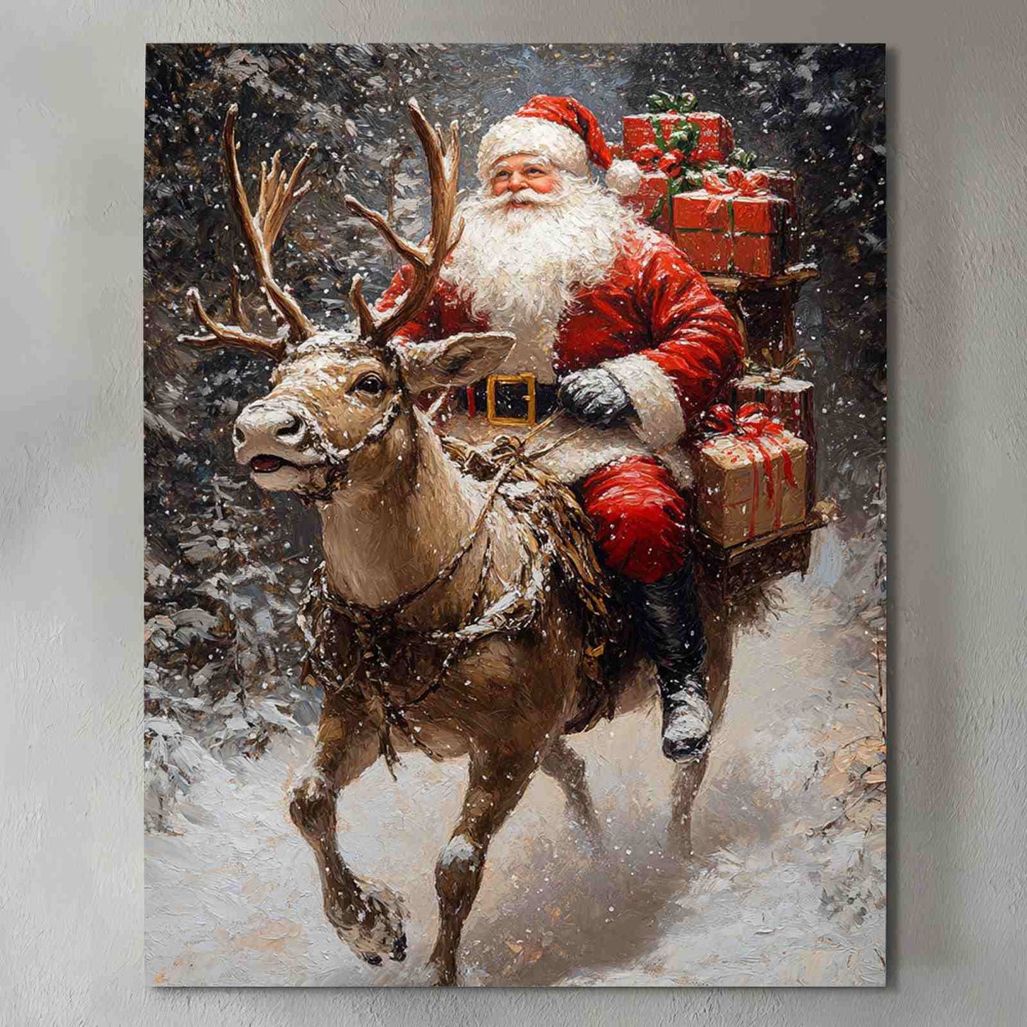 Santa on Reindeer Ride Christmas Canvas Wall Art