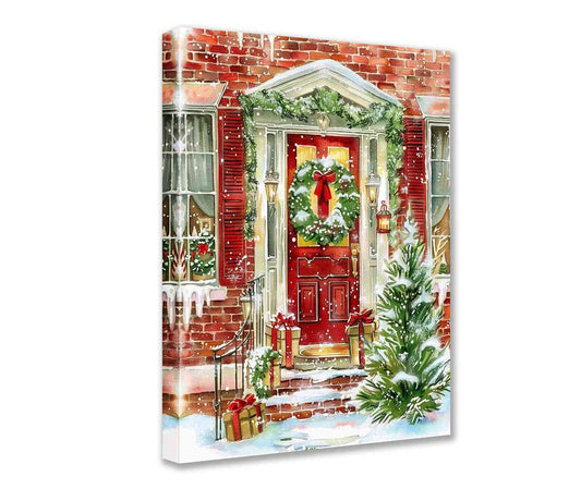 Classic Red Door with Holiday Wreath Christmas Canvas Wall Art