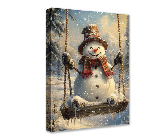 Smiling Snowman on Swing Christmas Canvas Wall Art