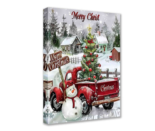 Vintage Red Truck and Snowman Christmas Canvas Wall Art