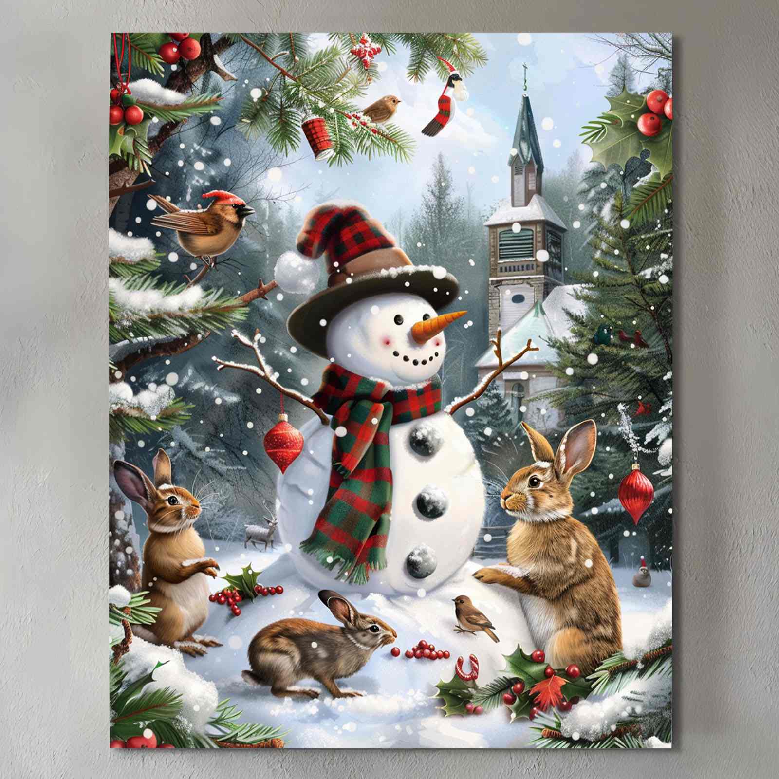 Woodland Snowman and Friends Christmas Canvas Wall Art