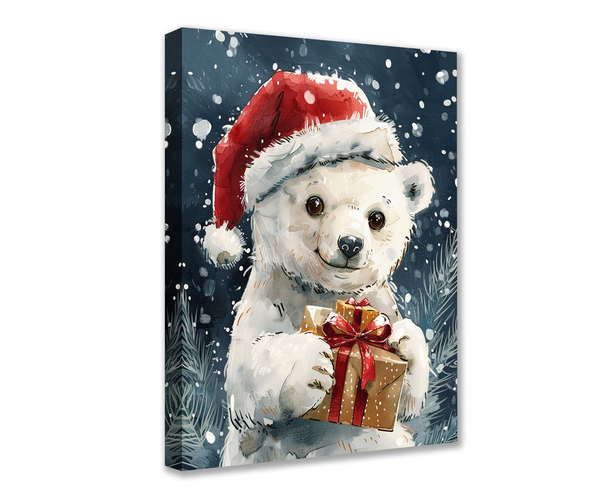 Santa Polar Bear with Christmas Gift Canvas Wall Art