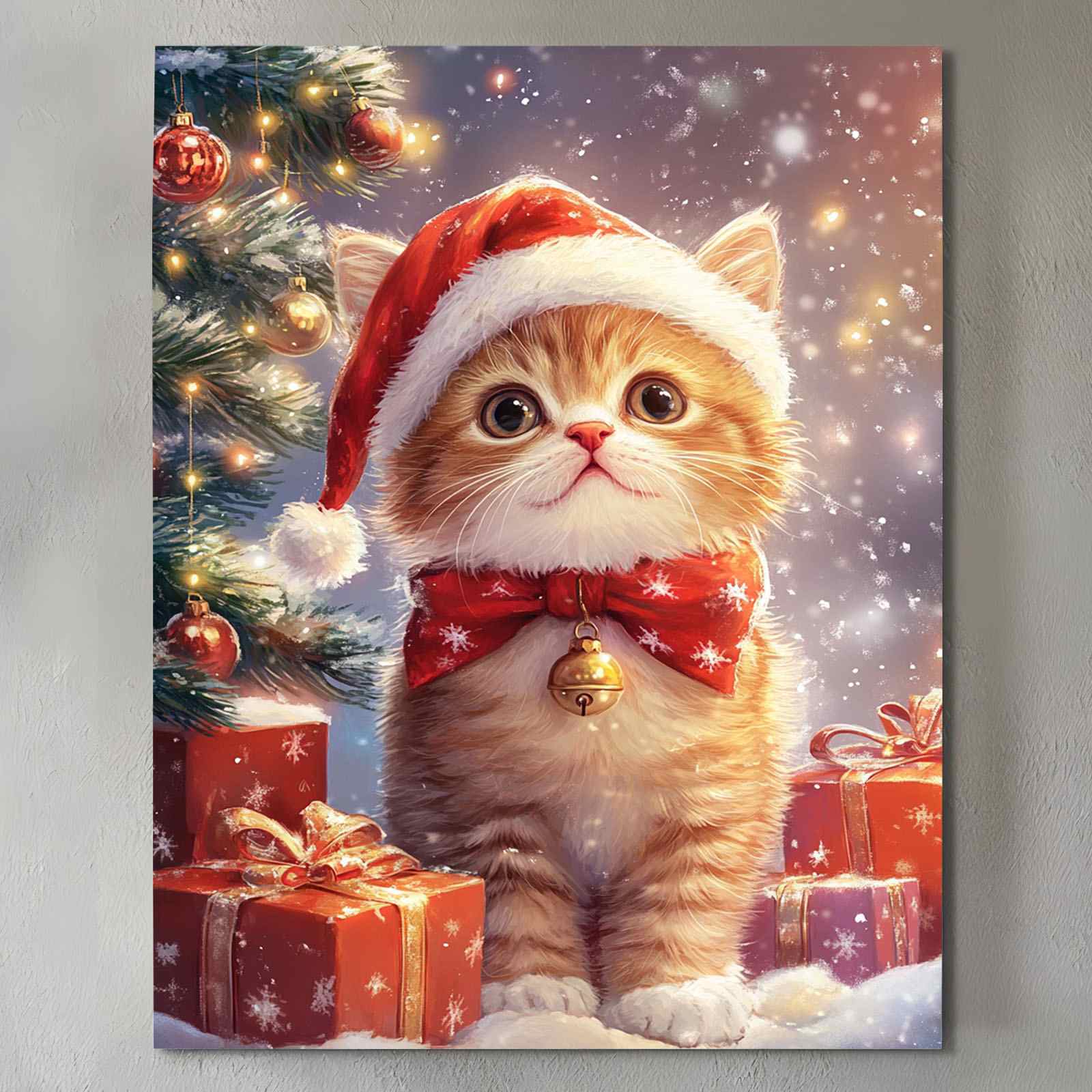 Christmas Kitten with Santa Hat Canvas Wall Art