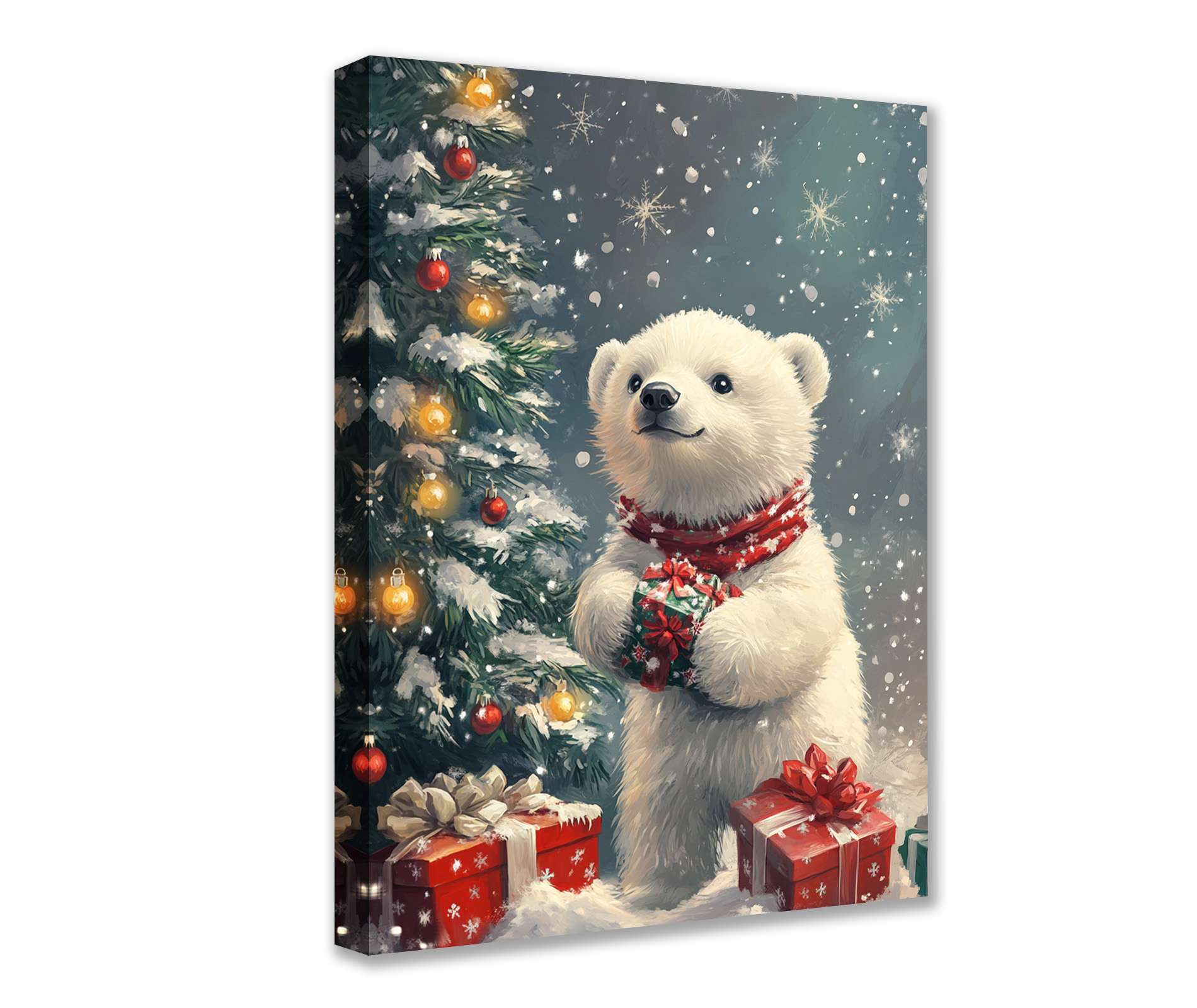 Polar Bear with Gift Christmas Canvas Wall Art