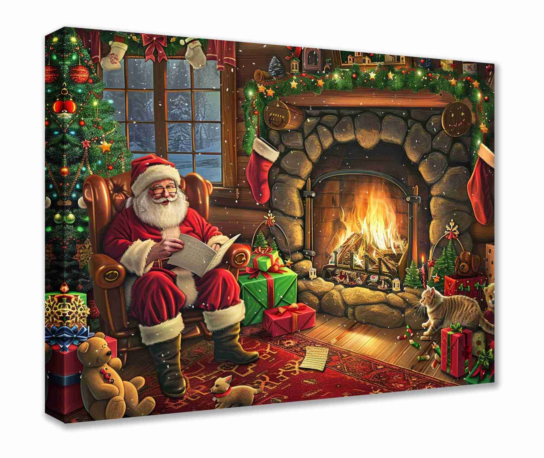 Santa Reading by Fireplace Canvas Wall Art