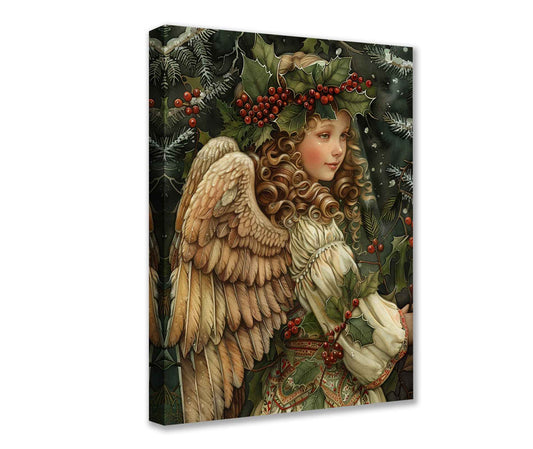 Christmas Angel with Holly Wreath Canvas Wall Art