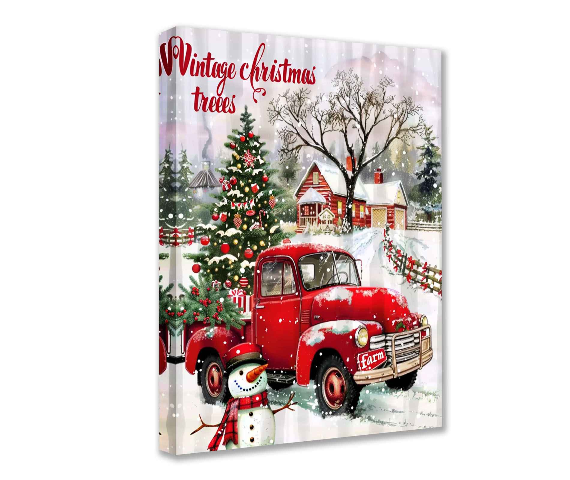 Vintage Christmas Truck and Tree Canvas Wall Art