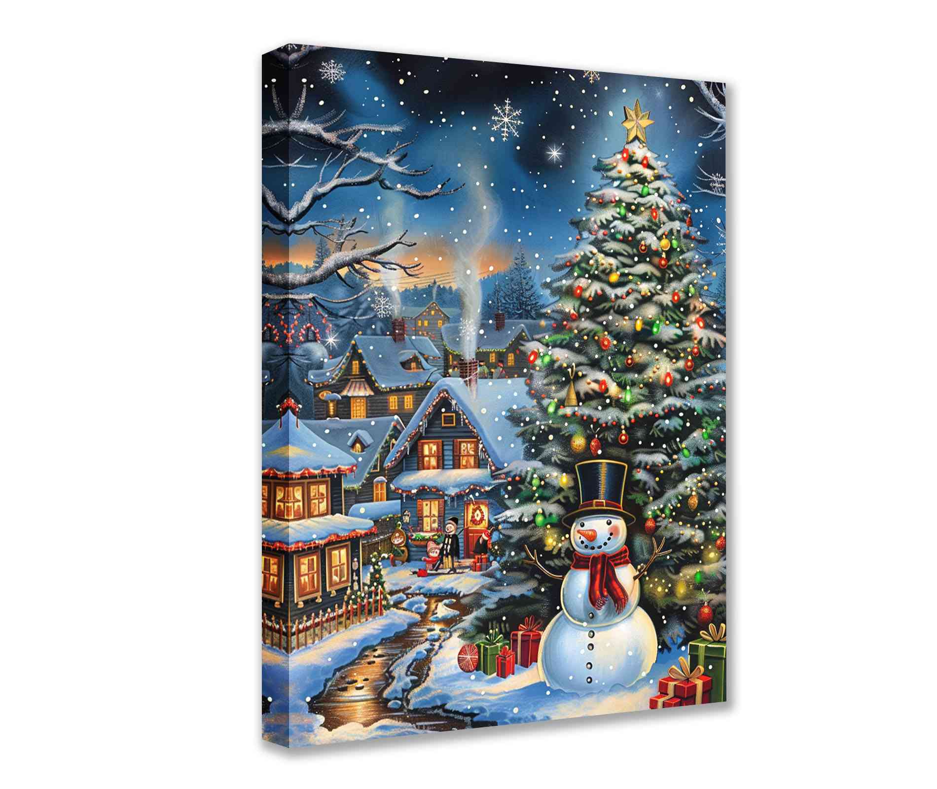 Christmas Village and Snowman Canvas Wall Art