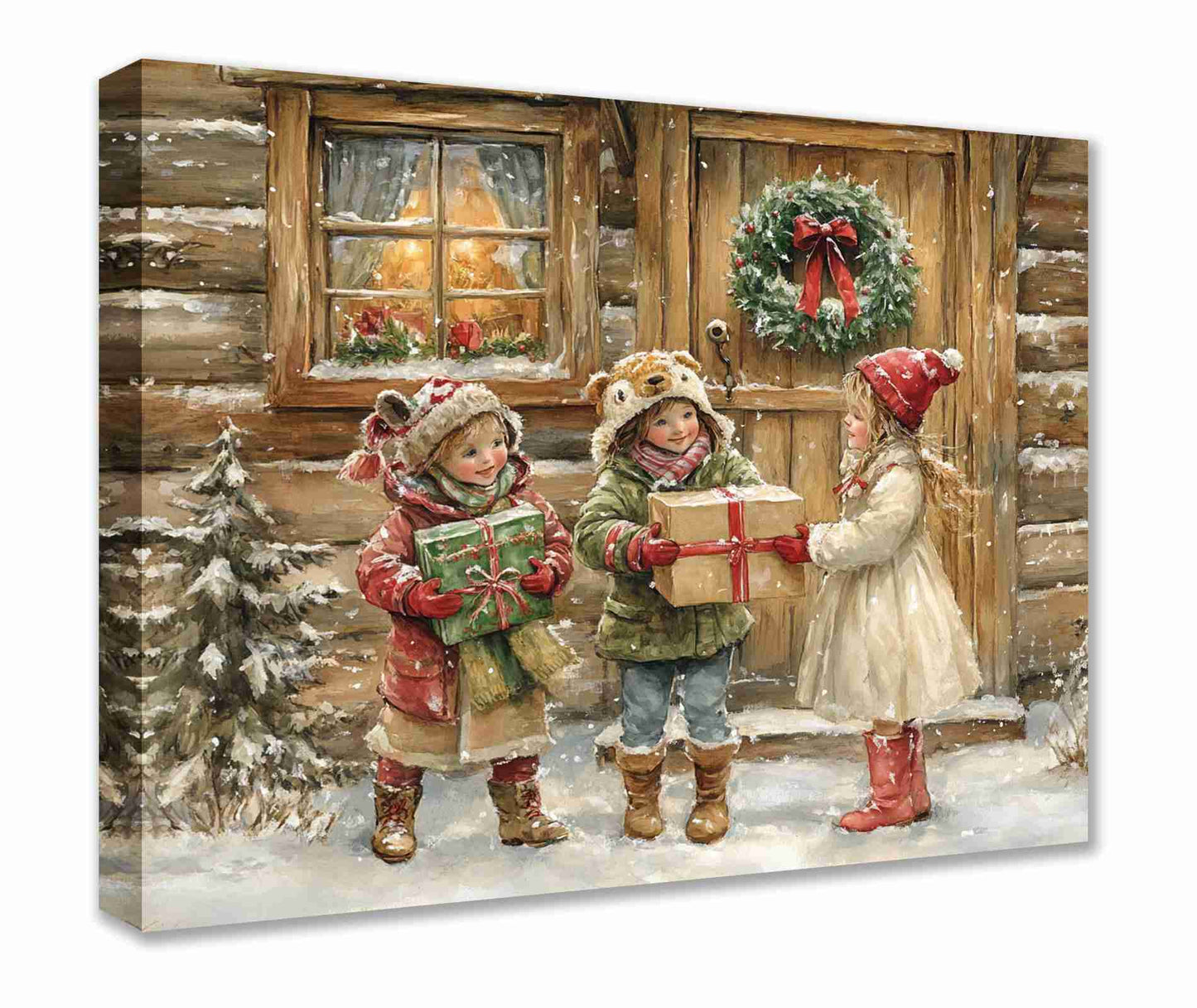 Children Sharing Gifts in Snow Canvas Wall Art