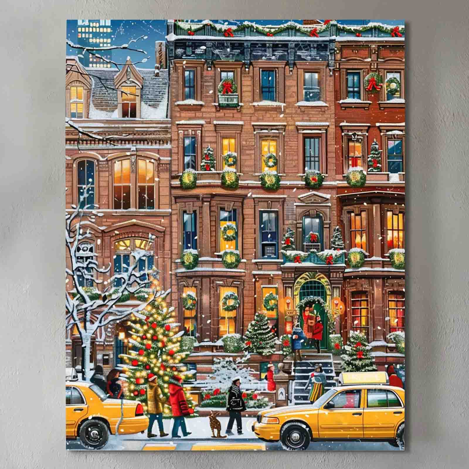 Festive City Street Scene Christmas Canvas Wall Art