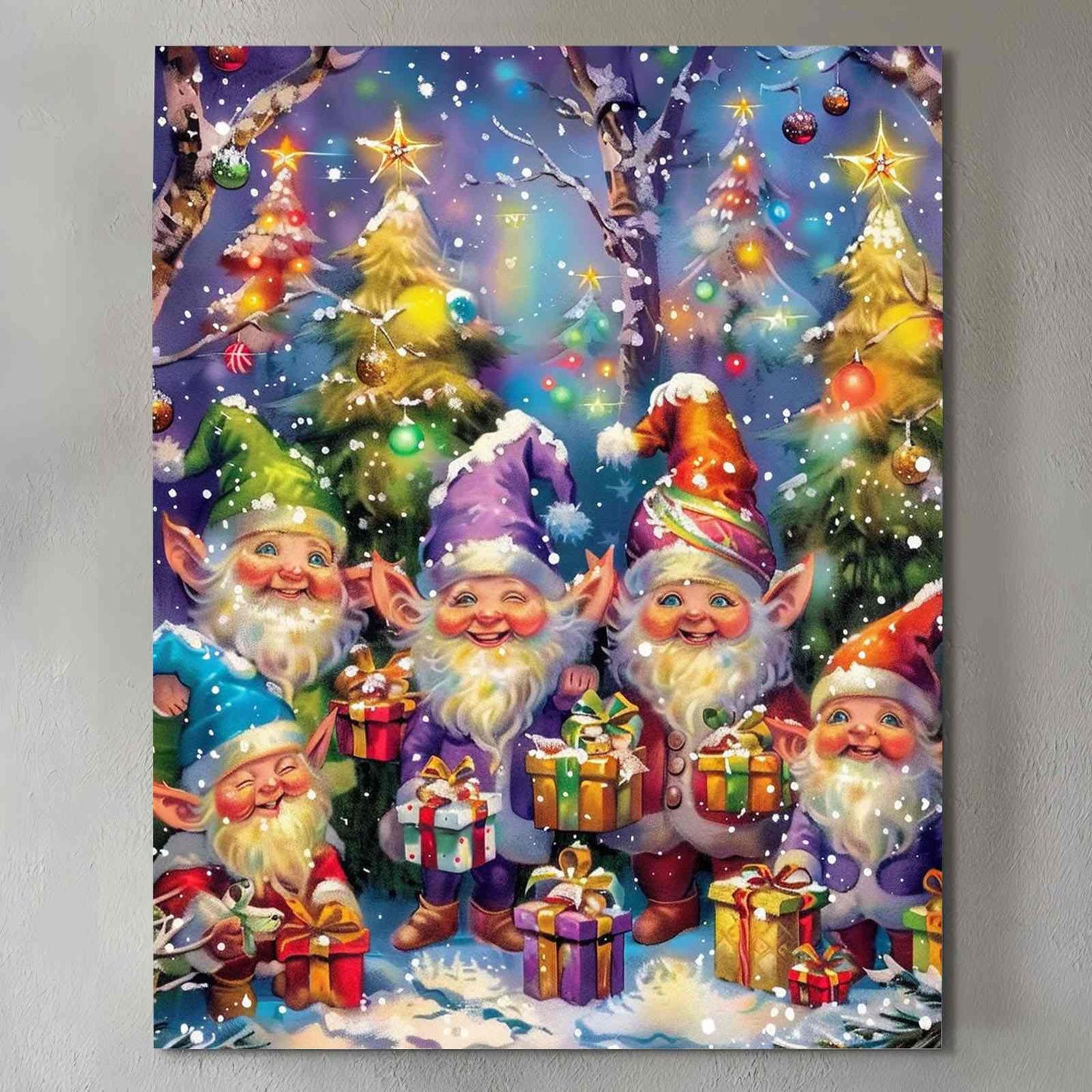 Cheerful Christmas Elves with Gifts Canvas Wall Art