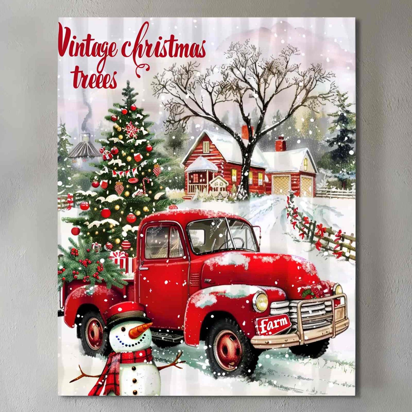 Vintage Christmas Truck and Tree Canvas Wall Art