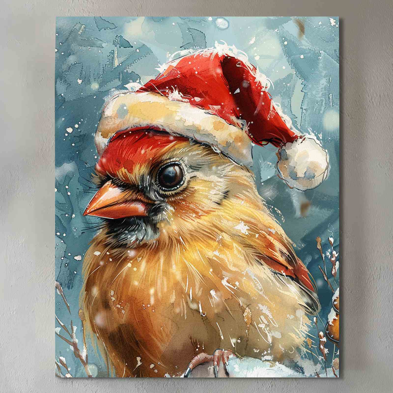 Festive Cardinal in Santa Hat Christmas Canvas Wall Art