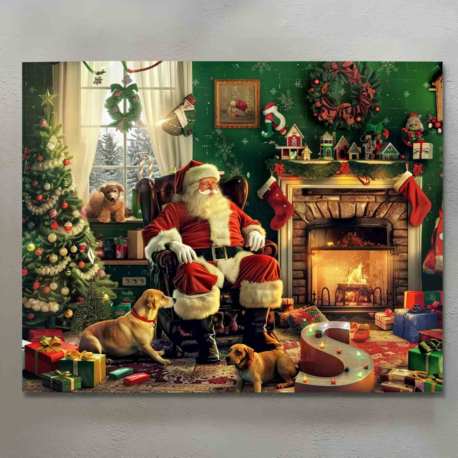 Santa with Dogs by the Fireplace Canvas Wall Art