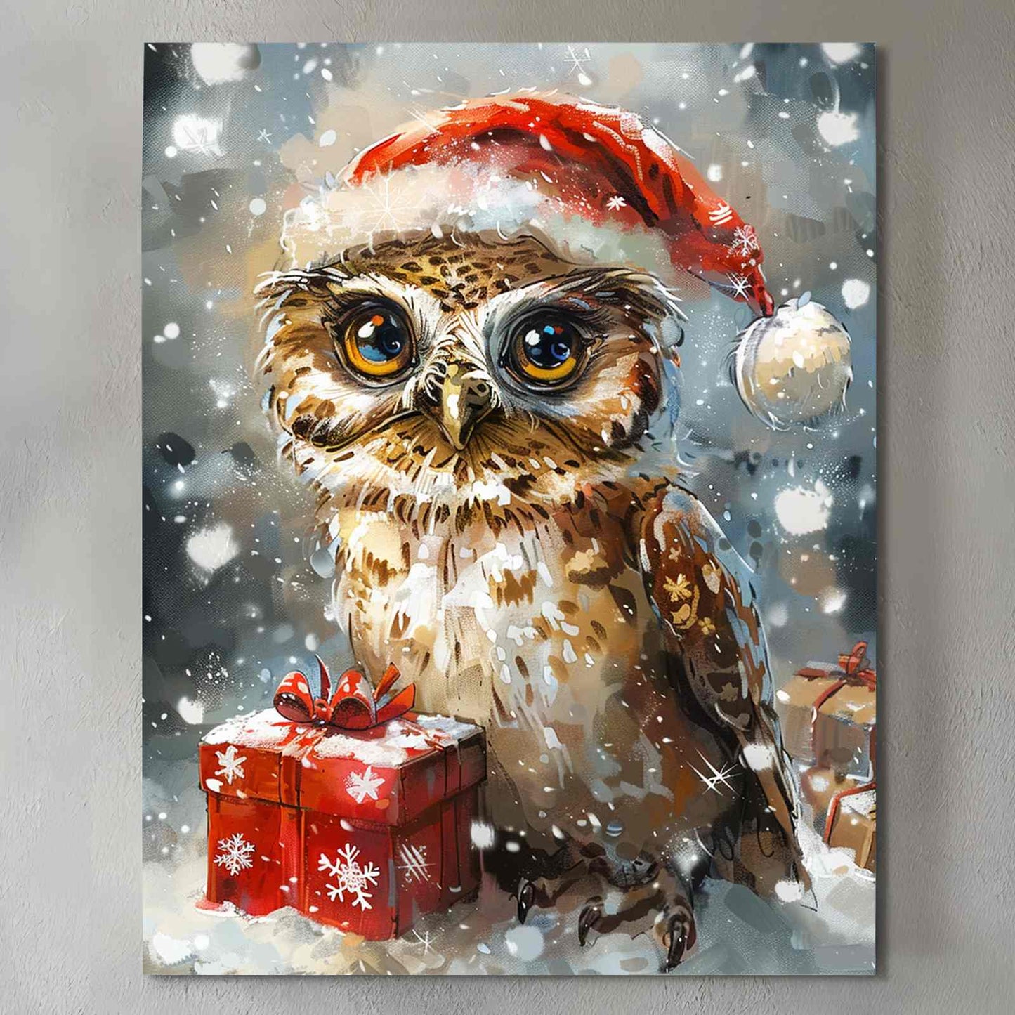 Santa Owl with Gift in Snowy Christmas Canvas Wall Art