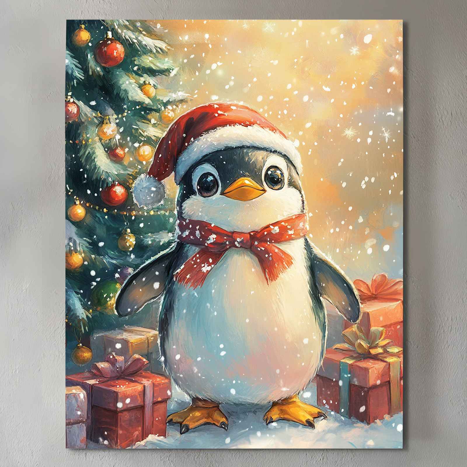 Christmas Penguin with Santa Hat Canvas Wall Art