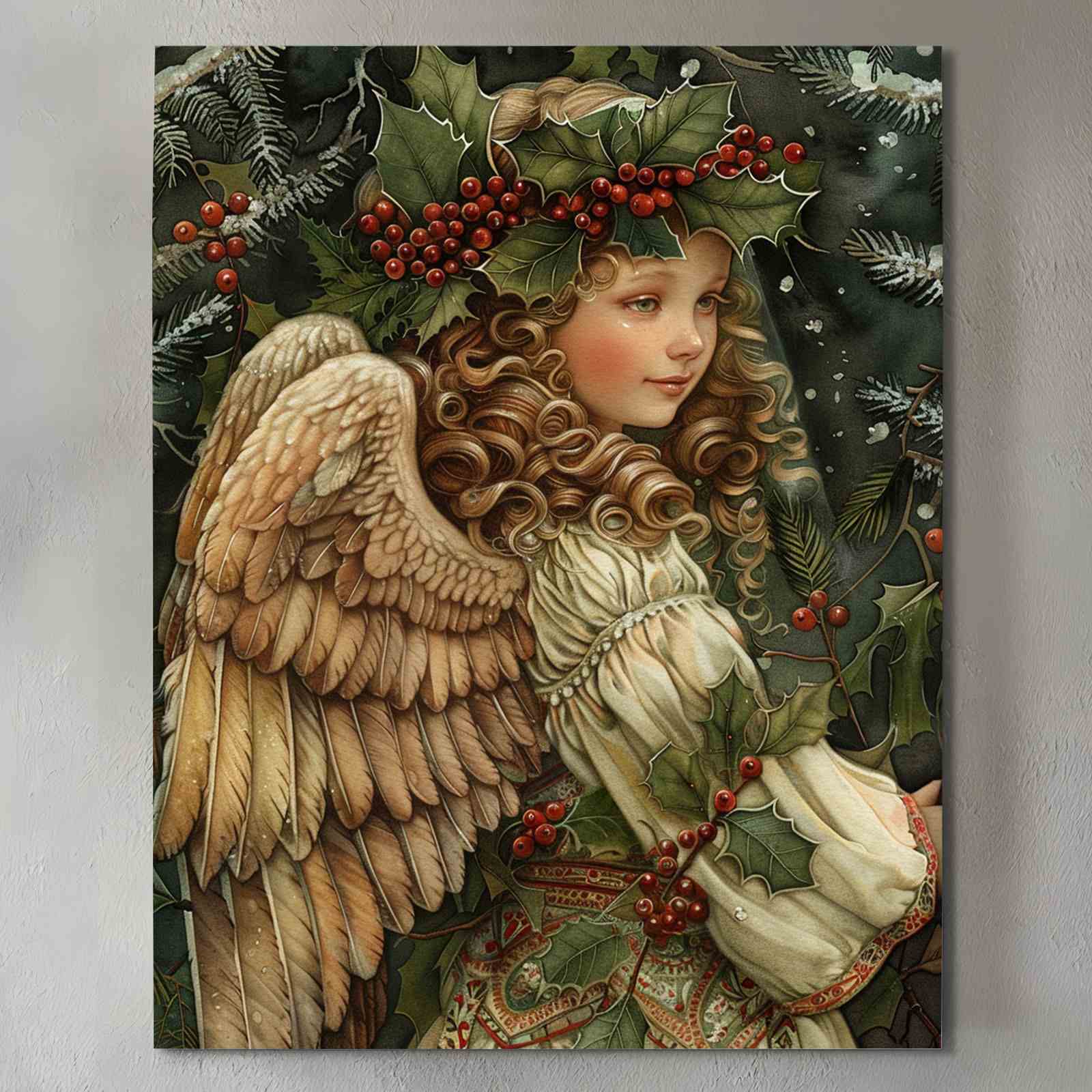 Christmas Angel with Holly Wreath Canvas Wall Art