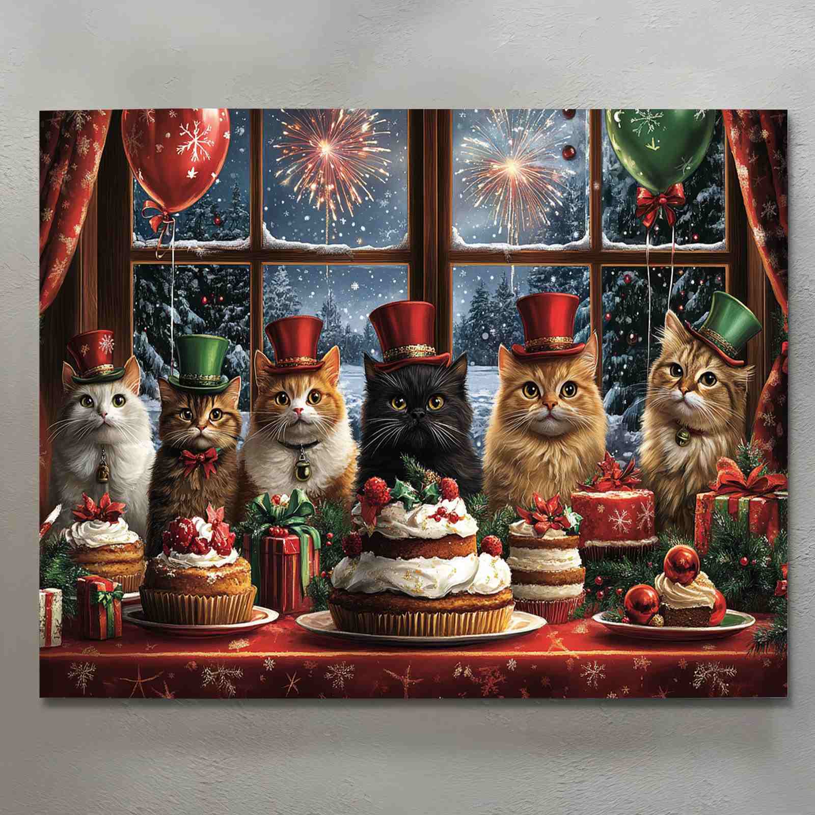 Festive Cats in Top Hats Christmas Canvas Wall Art