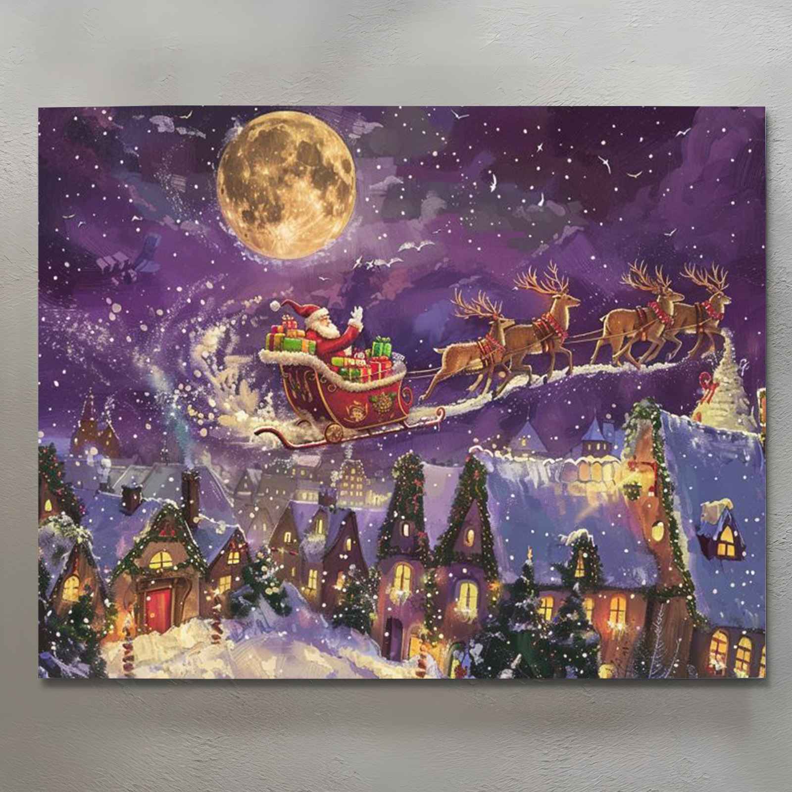 Santa’s Sleigh Over Village Canvas Wall Art