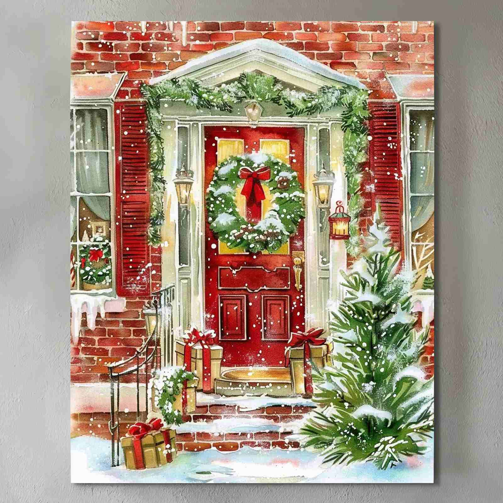 Classic Red Door with Holiday Wreath Christmas Canvas Wall Art