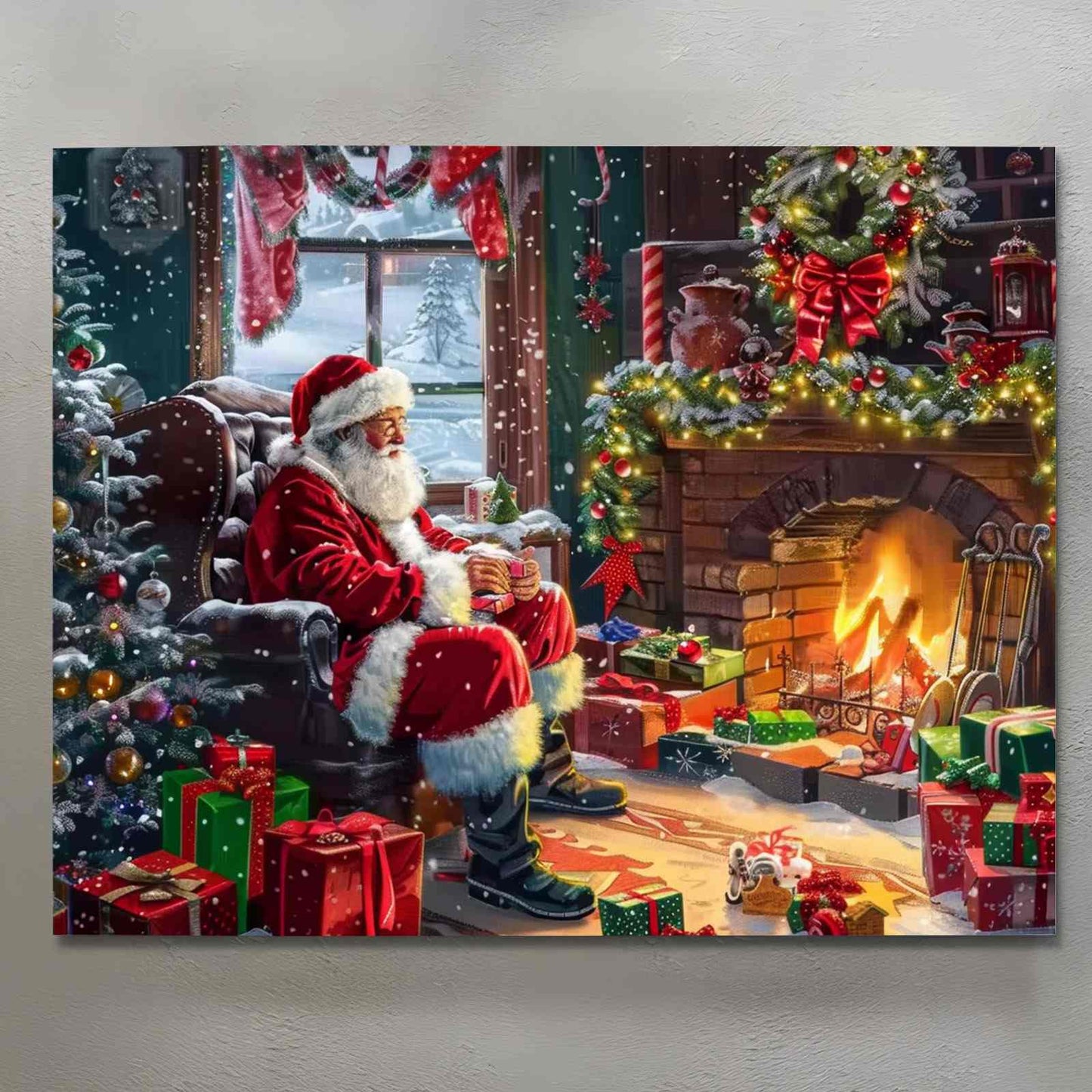 Santa by the Fireplace Christmas Canvas Wall Art