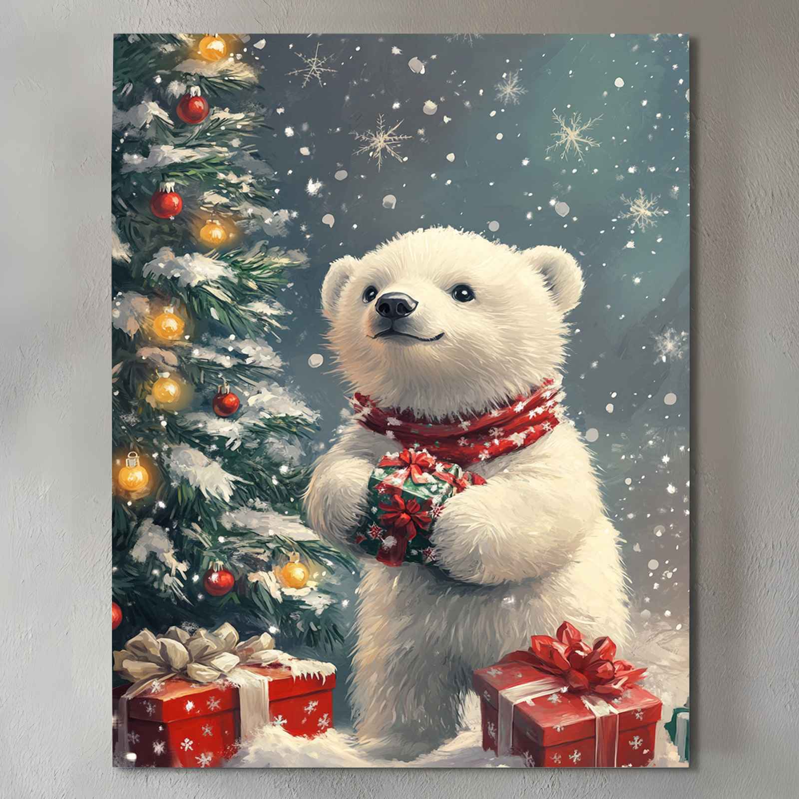 Polar Bear with Gift Christmas Canvas Wall Art