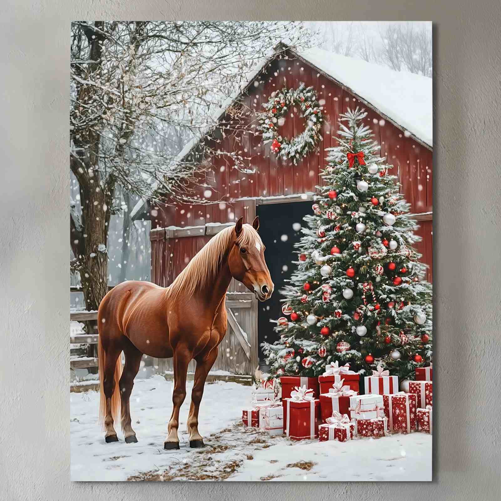 Horse and Christmas Barn Scene Canvas Wall Art