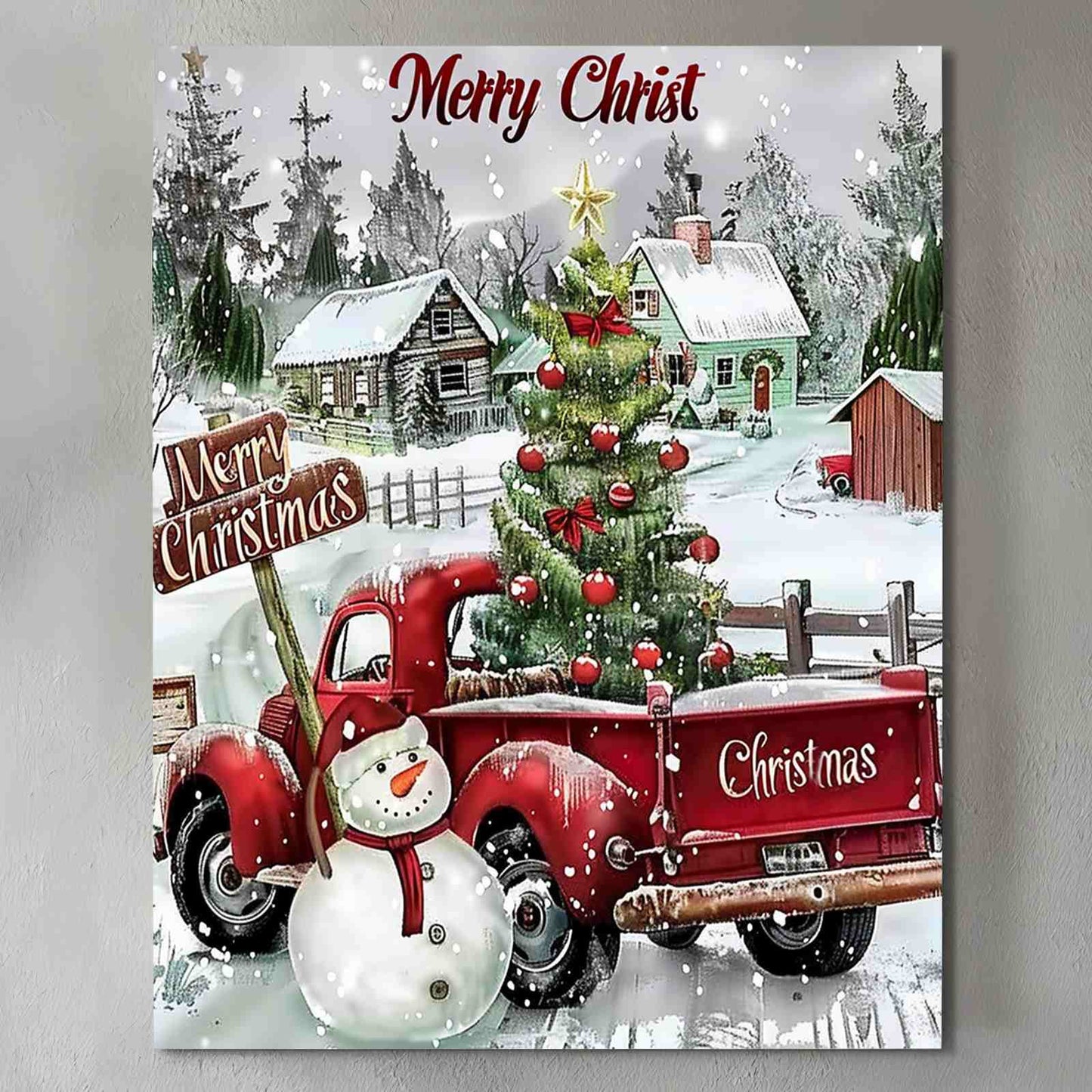 Vintage Red Truck and Snowman Christmas Canvas Wall Art