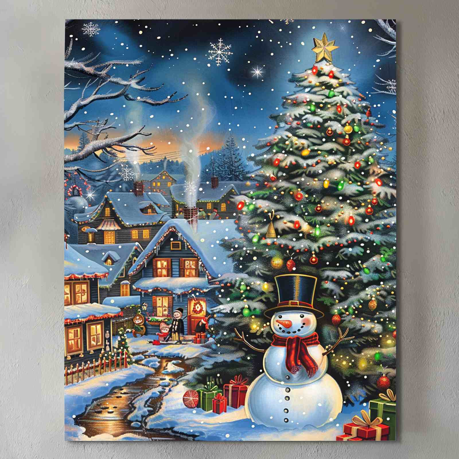 Christmas Village and Snowman Canvas Wall Art