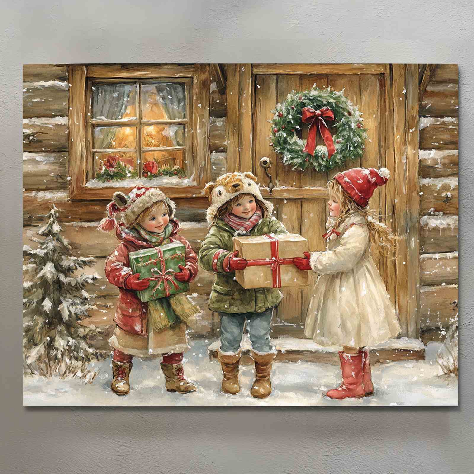 Children Sharing Gifts in Snow Canvas Wall Art