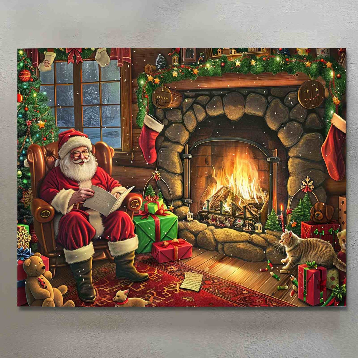 Santa Reading by Fireplace Canvas Wall Art