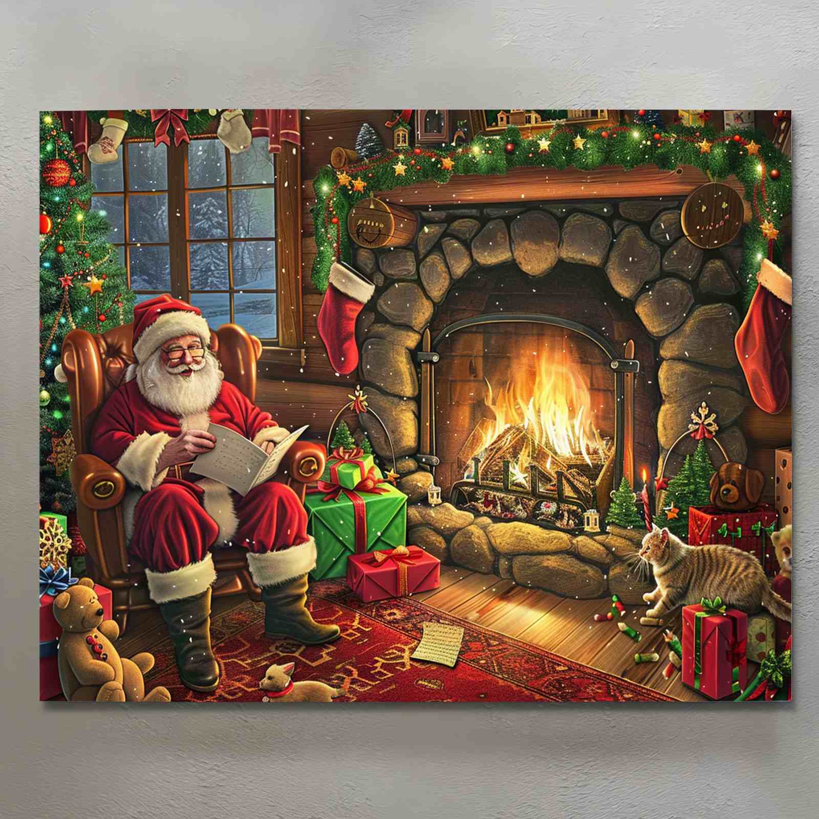 Santa Reading by Fireplace Canvas Wall Art