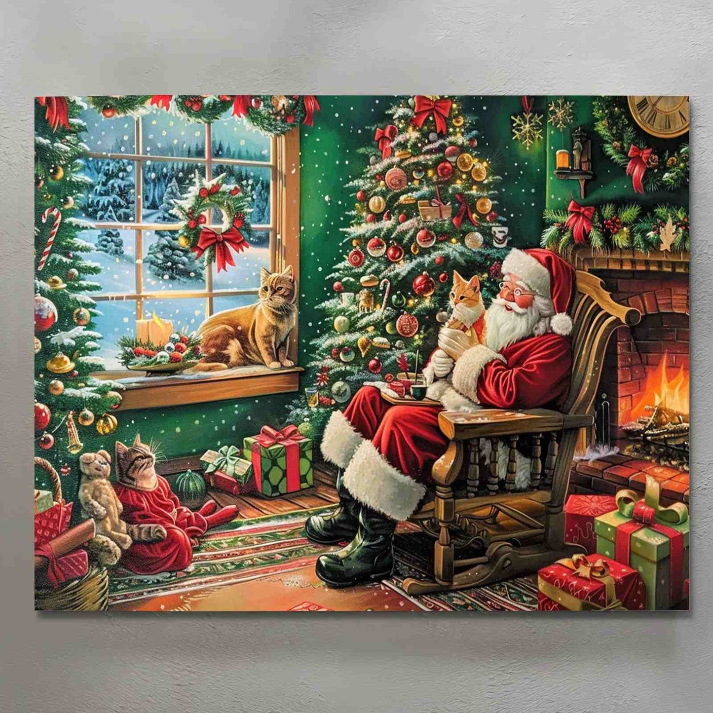 Santa with Cats by the Fireplace Canvas Wall Art