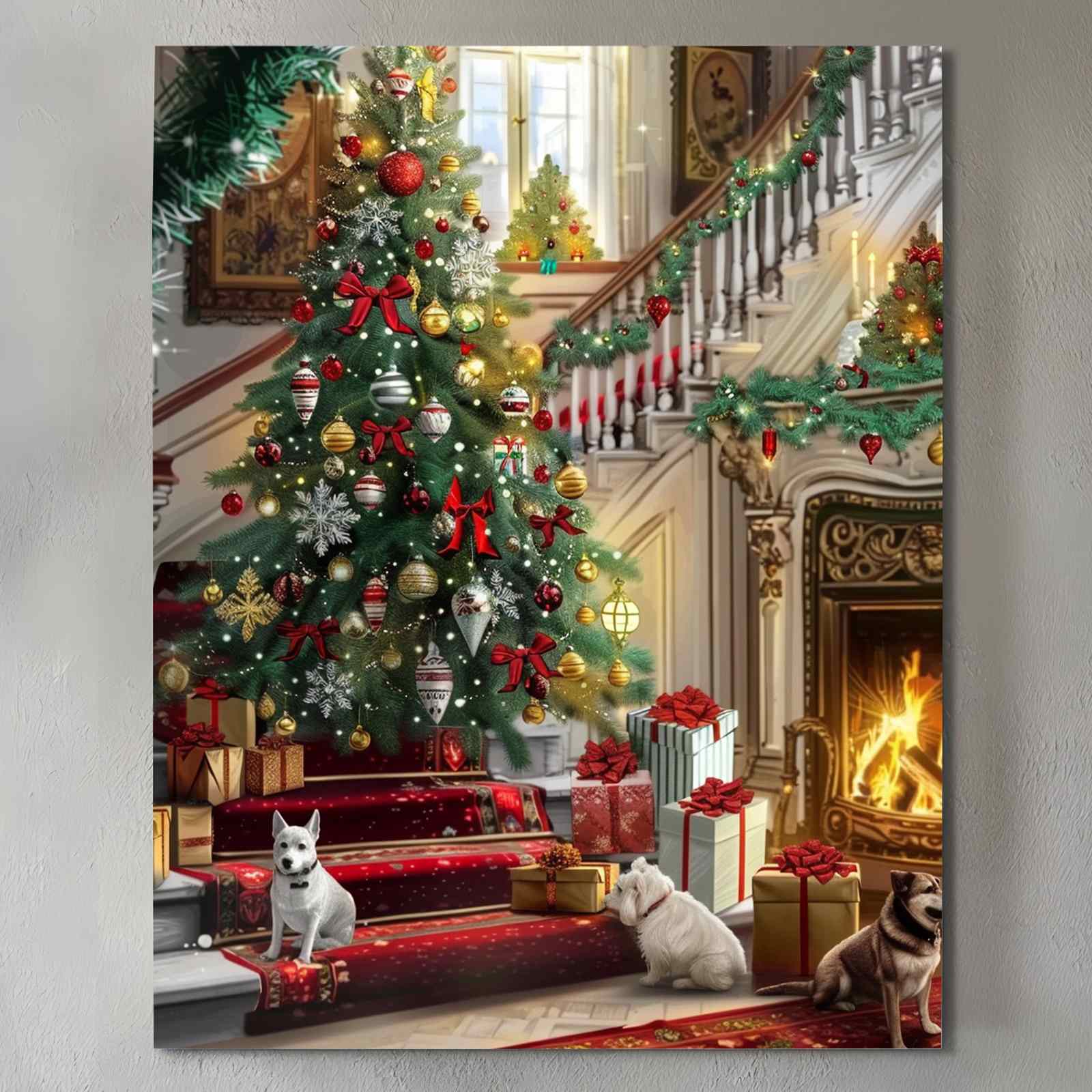 Christmas Tree and Dogs by Fireplace Canvas Wall Art