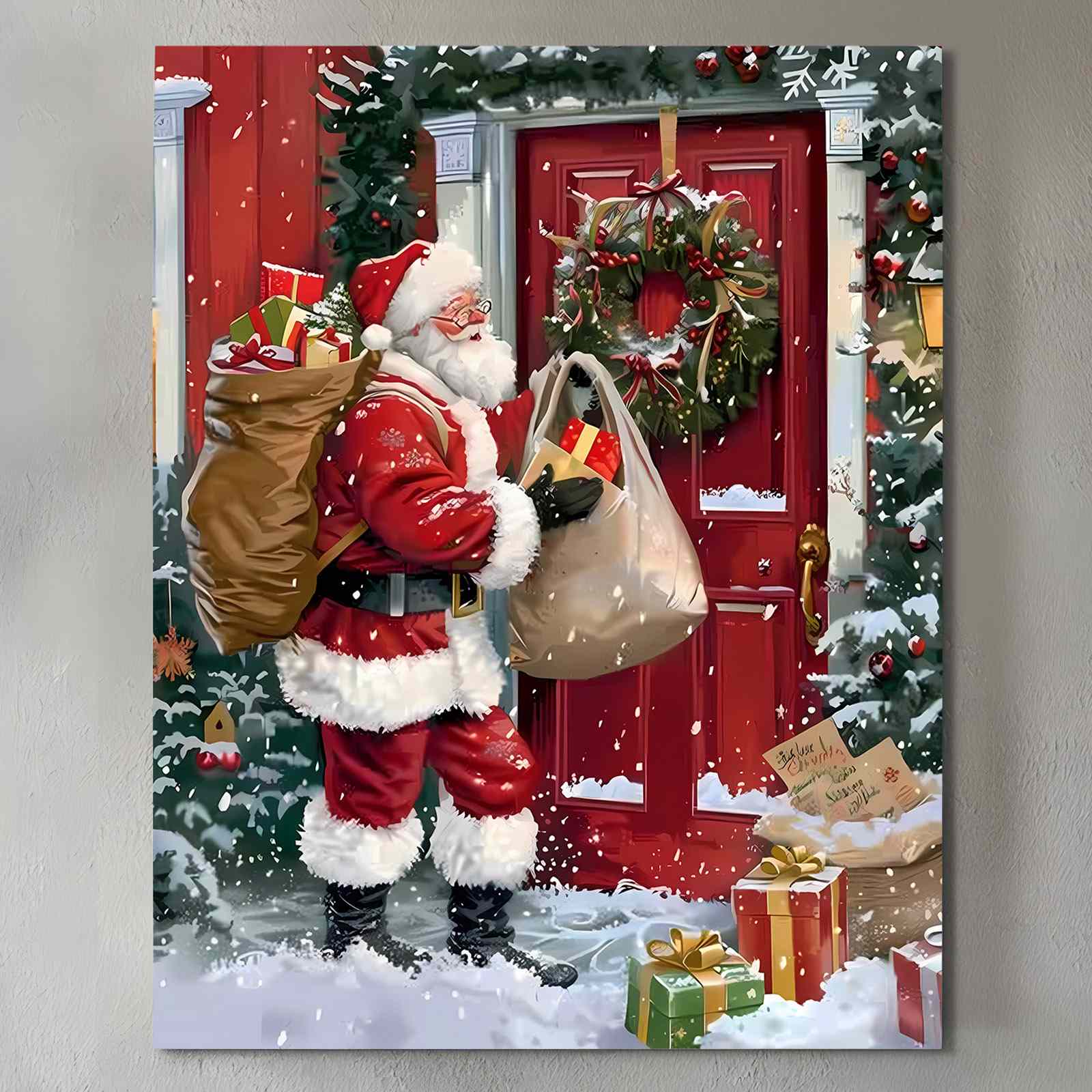 Santa Delivering Gifts by Red Door Canvas Wall Art