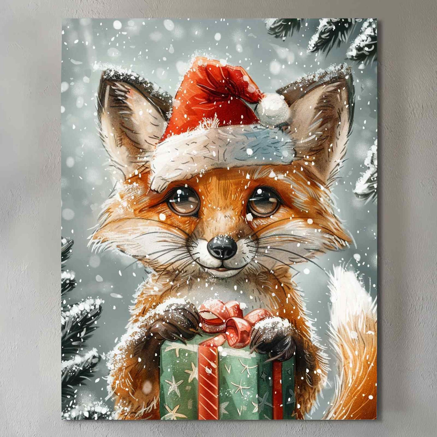 Santa Fox with Christmas Gift Canvas Wall Art