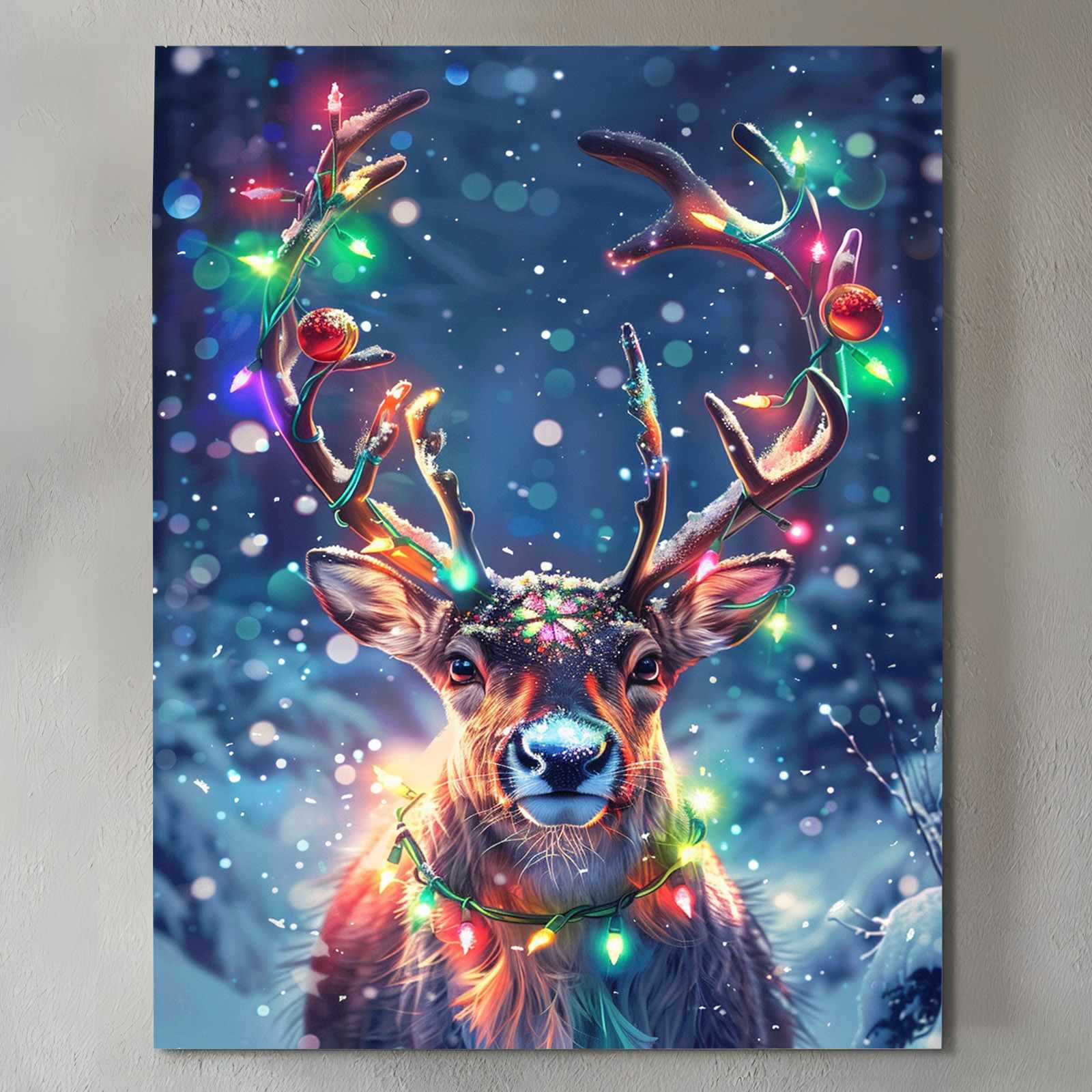 Festive Reindeer with Christmas Lights Canvas Wall Art