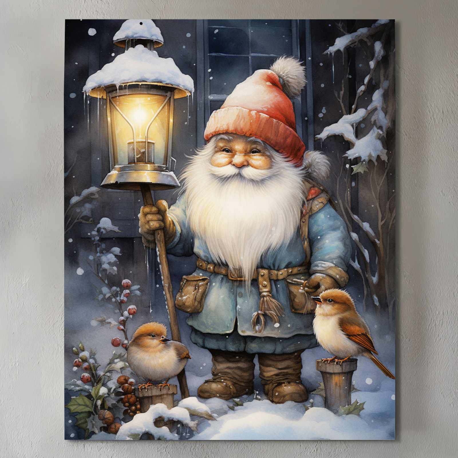 Christmas Gnome with Lantern Canvas Wall Art