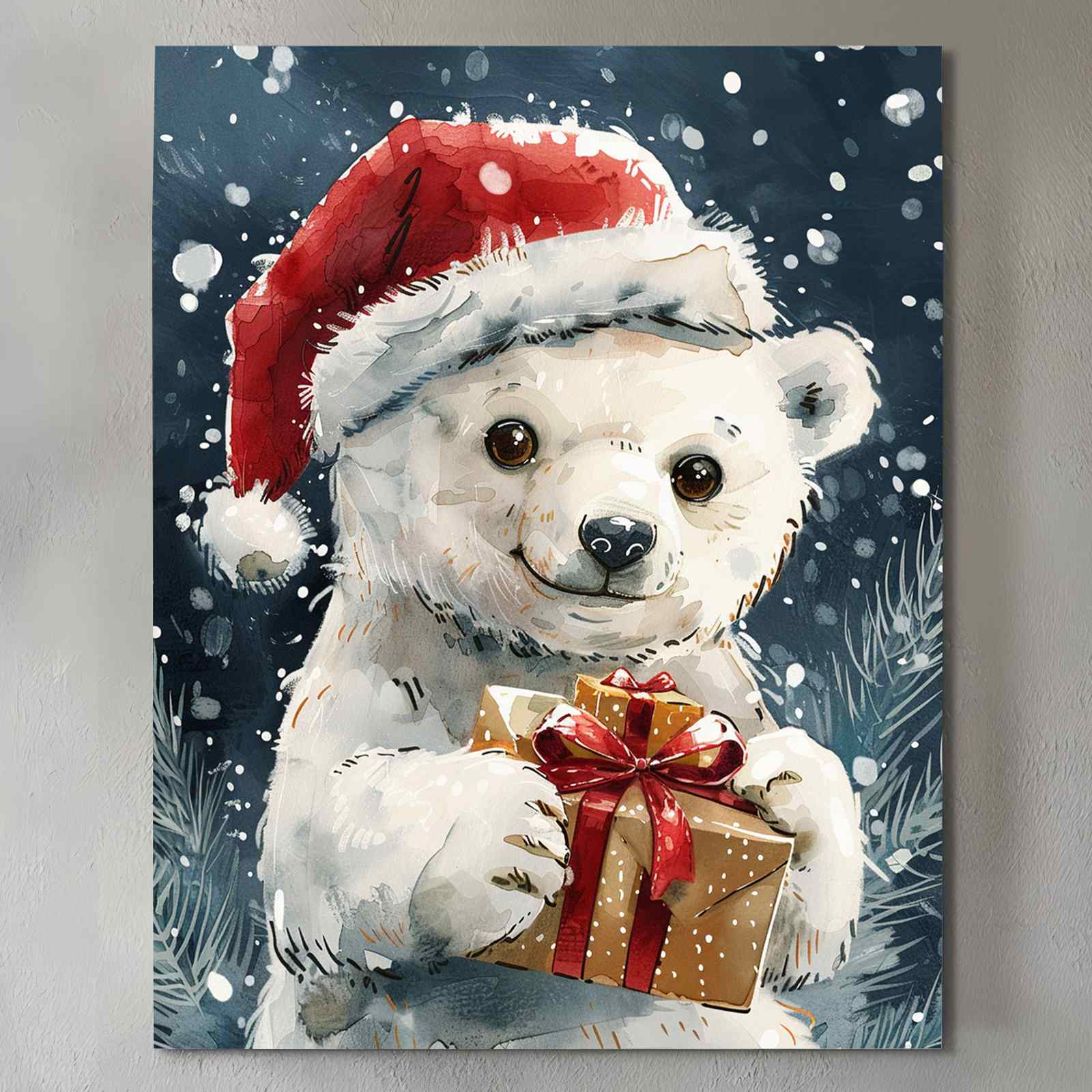 Santa Polar Bear with Christmas Gift Canvas Wall Art